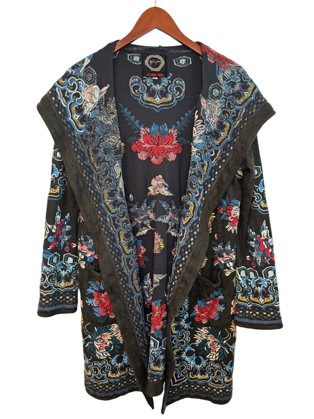 Biya Johnny Was Floral Embroidery Gray Pink Turquoise Hooded Sweater Jacket S